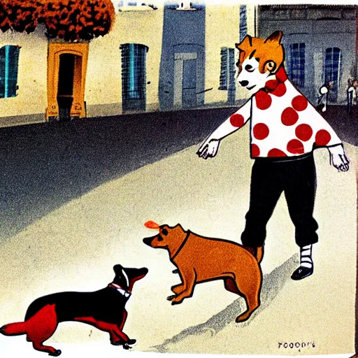 Image similar to book illustration of a french boy on the streets of paris playing football against a corgi, the dog is wearing a polka dot scarf, 1 9 6 6