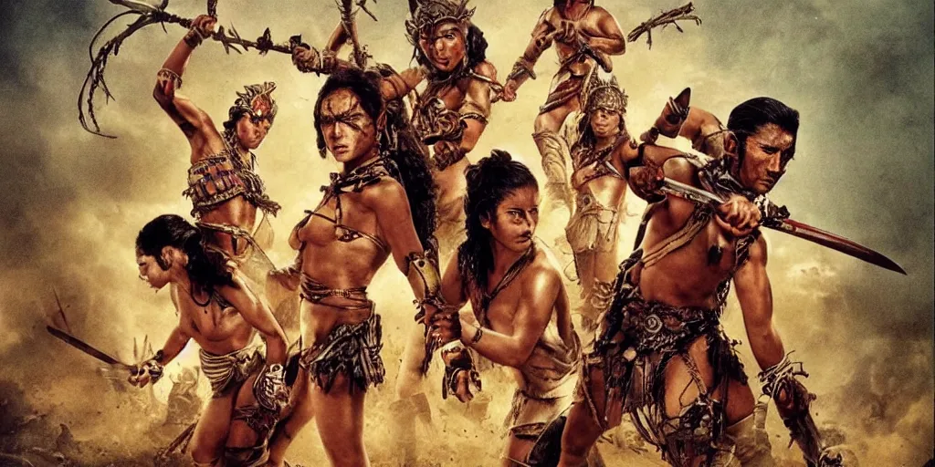 Image similar to movie, ancient Battlefield, beautiful brutal aztec and Amazonian females fight, epic, vintage, blood, slight inspiration of Boris vallejo and apocalypto