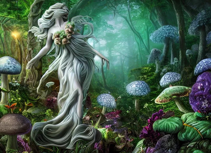 Image similar to glowing delicate flower and mushrooms that grow in a dark fatansy forest on the planet Pandora, an idealistic marble statue with fractal flowery hair in a fractal garden,