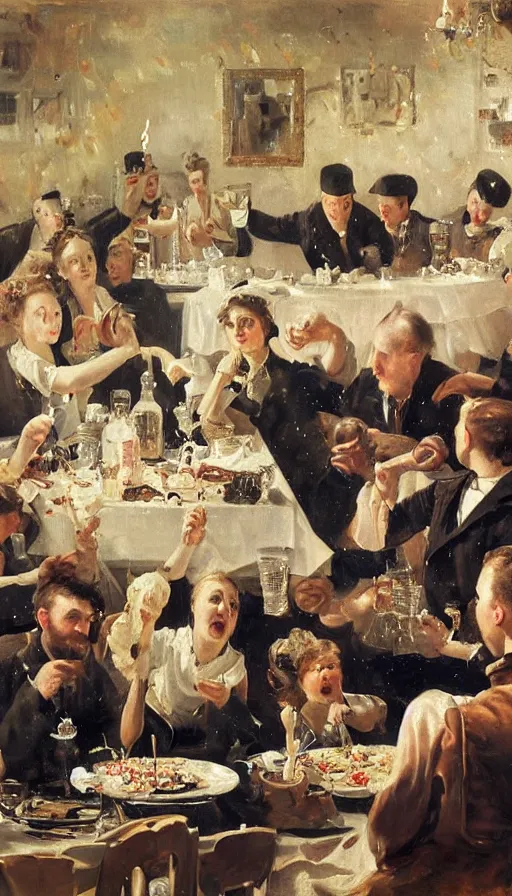 Image similar to still life painting of nuke explosion ruining a birthday party, by Peder Krøyer, dramatic lighting, epic, gargantuan, intricate detail, canvas print