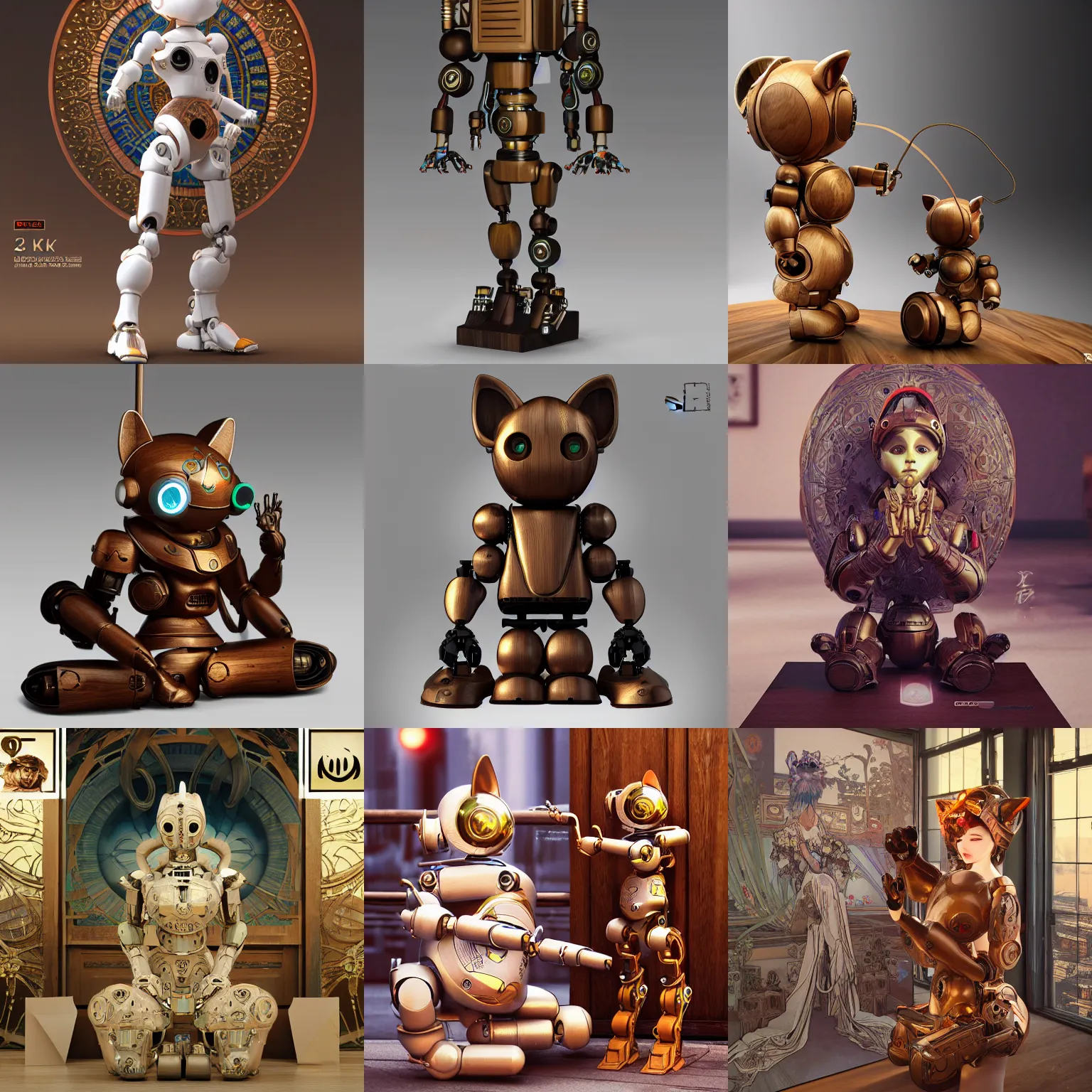 Prompt: 3D 8k octan render photorealistic detailed unreal engine a wooden sculpture art toys wooden on feet very cute robot with cat ears zen méditation cyberpunk a contemporary art gallery art by Alphonse Mucha