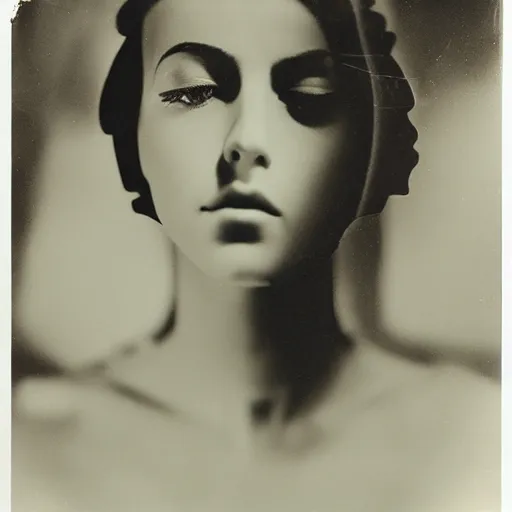 Prompt: girl head and landscape double exposure photography by man ray