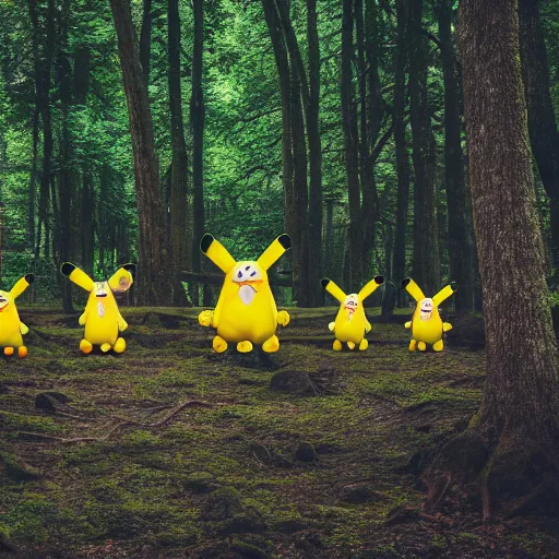 Image similar to a photograph of a group of people worshipping a giant pikachu in a forest. photo. photography. high quality. 4 k. 8 k