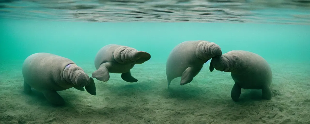 Image similar to manatees eating spaghetti underwater in the ocean, canon 5 0 mm, in the style of wes anderson, kodachrome