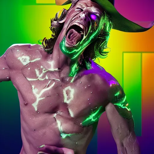 Prompt: Vince McMahon screaming cowboy wall street trader face is melting with dollar signs in eyes, liquified, chrome reflections, black ink, glue dropping, snake oil skin, lit by one neon light from the top, rim lights purple and green, hyper bullish, octane render, cgsociety, autodesk, behance, kiki picasso style