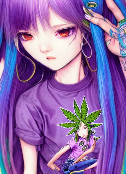 Image similar to richly detailed colored pencil 3 d illustration woman silky straight purple hair with iridescence wearing marijuana logo tshirt and short shorts, she staring at the camera happily art by range murata and artgerm.