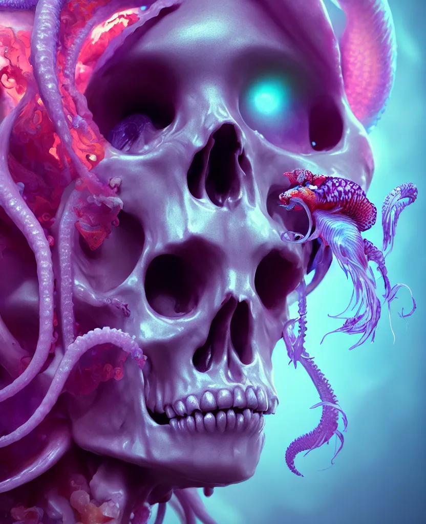 Image similar to goddess close - up portrait human skull, ram skull, squid phoenix jellyfish, orchid, betta fish, bioluminiscent, intricate artwork by tooth wu and wlop and beeple. octane render, trending on artstation, greg rutkowski very coherent symmetrical artwork. cinematic, hyper realism, high detail, octane render, 8 k