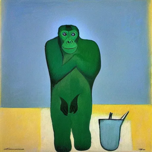 Prompt: “A gorilla with green hair wearing a work uniform in a desert, Painting by Pablo Picasso”