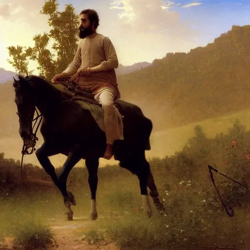 Image similar to ultra detailed and realistic painting by william - adolphe bouguereau and ilya repin and boris vallejo and albert bierstadt of santiago abascal riding a horse