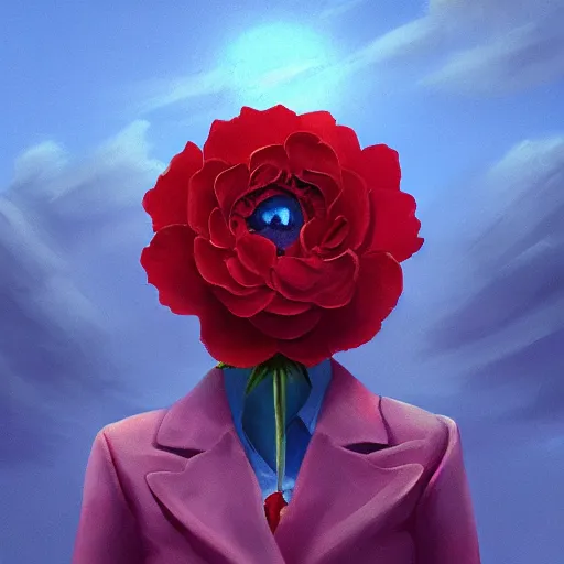 Prompt: closeup, giant rose flower head, frontal, girl in suit, surreal photography, sunrise, blue sky, dramatic light, impressionist painting, digital painting, artstation, simon stalenhag