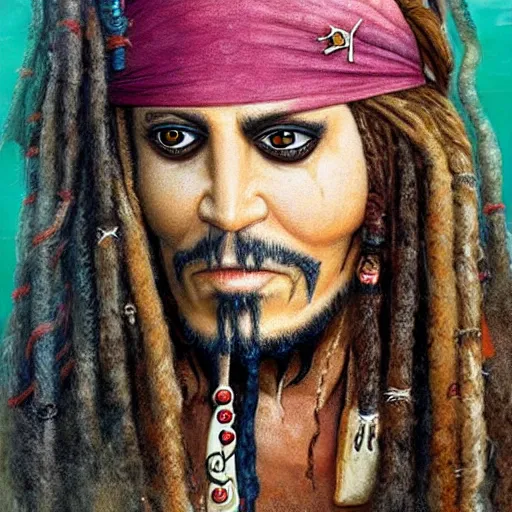 Image similar to a hyperrealistic illustration of Captain Jack Sparrow as Davy Jones, Davy Jones with Tentacles, Face hybrid of Davy Jones and Jack Sparrow, symmetrical face