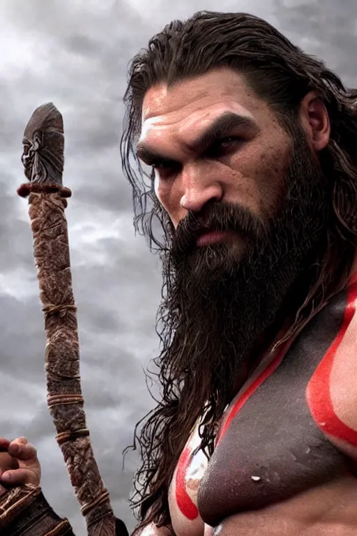 Image similar to film still from god of war, a highly detailed beautiful closeup photo of jason momoa!!!! kratos with long! windblown! wet hair! holding a sword and fighting zombies on a pile of human skulls, spartan warrior, olympian god, muscular!!!, masculine confident pose, ambient lighting, volumetric lighting, octane, fantasy