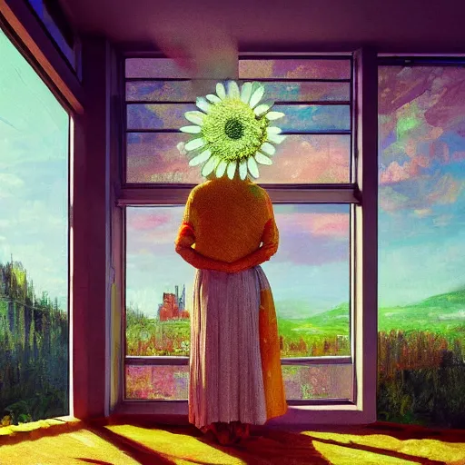 Prompt: huge daisy flower head, woman standing next to modern window in luxury loft, surreal photography, sunlight, impressionist painting, digital painting, artstation, simon stalenhag