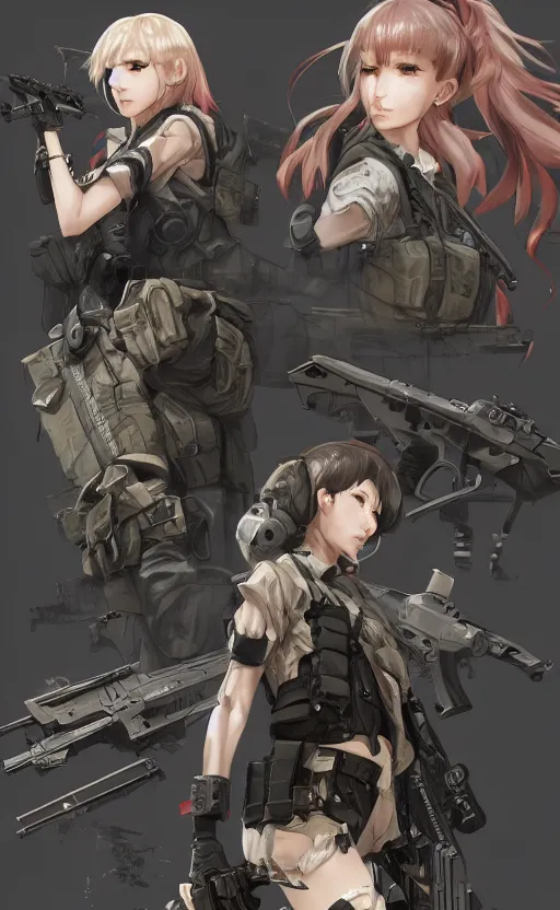 Prompt: highly detailed, high resolution, character design art, stunning, volumetric lightning, realistic guns, girls frontline style, matte, sharp focus, 130mm, illustration, artstation, by yusuke kozaki, professional result, realistic human anatomy, simple design, realistic military gear, metal gear style, videogame inspired