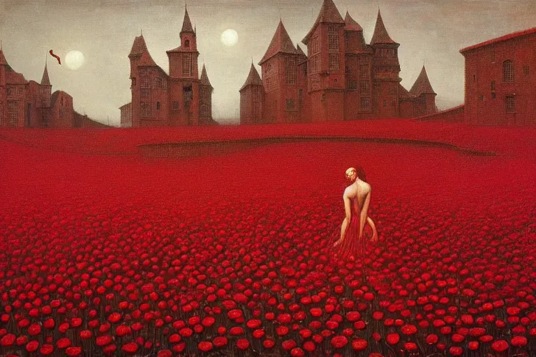 Image similar to only with red, red flowers of different types, a red tiger, a castle in the background, medieval demons dance over the flowers, an ancient path, in the style of beksinski, part by hopper, part by rodcenko, part by hofbauer, intricate composition, red by caravaggio, insanely quality, highly detailed, masterpiece, red light, artstation