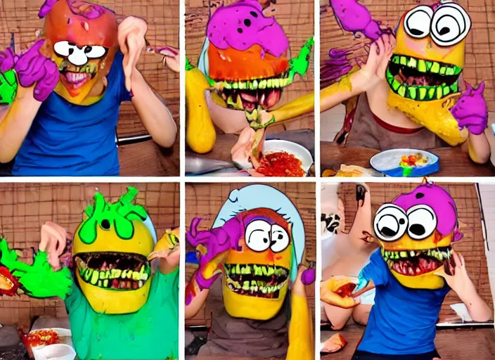 Image similar to aaahh!!! real monsters messy food fight, detailed facial expressions