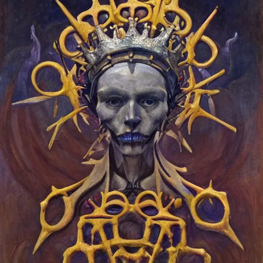 Image similar to the crown of madness and bones, by Annie Swynnerton and Nicholas Roerich and Diego Rivera, bioluminescent skin, elaborate costume, geometric ornament, symbolist, cool colors, smooth, sharp focus, extremely detailed