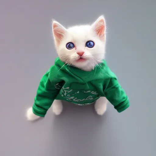 Image similar to tiny white kitten with green eyes wearing a oversized hoodie,