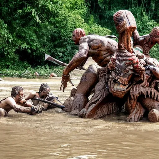 Prompt: tribal warriors fighting off a giant creature made of mud near a river,