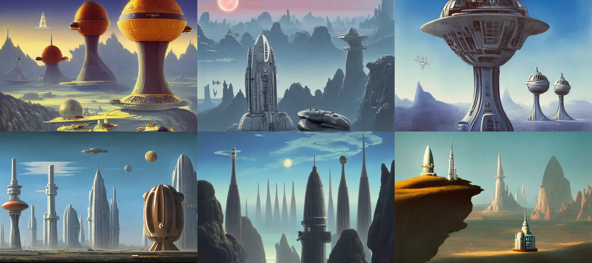 Prompt: bespin in the style of dr. seuss, starships, painting by raphael lacoste