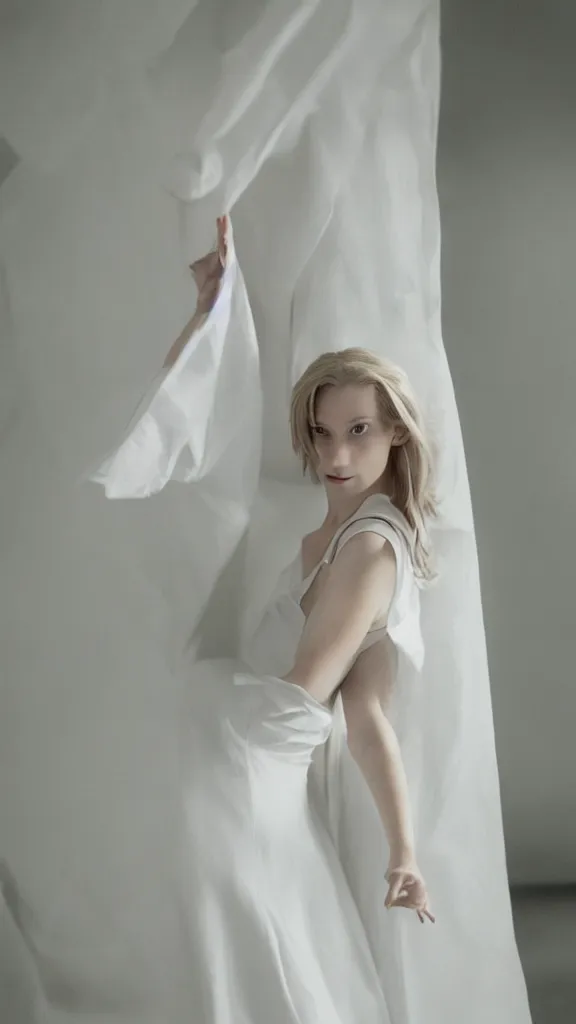 Prompt: emily skinner cosplaying annie leonhart wearing heels and wearing elegant white dress in a white room looking up, beautiful face, pale skin, rule of thirds, cinematic lighting, rainy weather, melancholy atmosphere, sharp focus, backlit, stunning, smooth, hard focus, full body shot, studio photo, shot on sony a 7 iii, hyper realistic,