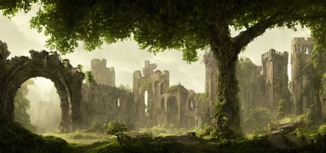 Image similar to gigantic castle, arches adorned pillars, towers, archways, gnarly trees, lush vegetation, forrest, landscape, raphael lacoste, eddie mendoza, alex ross, concept art, matte painting, highly detailed, rule of thirds, dynamic lighting, cinematic, detailed, denoised, centerd