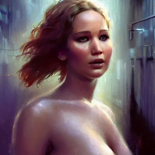 Image similar to jennifer lawrence, hyperrealistic full figure, bladerunner street alley, art of elysium by frank frazetta and by jeremy mann and by alphonse mucha, fantasy art, photo realistic, dynamic lighting, artstation, full figure poster, volumetric lighting, very detailed face, 4 k, award winning