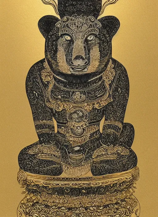 Prompt: detailed pen and ink art of an anthropomorphic asian black bears head on Buddhist bodhisattva body, seated in royal ease, 0.1 black micron pen on white paper, gilded gold halo behind head, 24K gold leaf, reflective, beautiful, highly detailed, fine pen work, white background