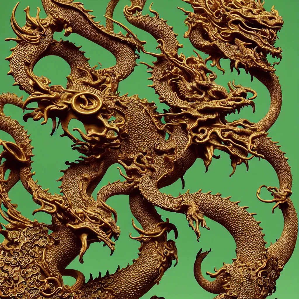 Image similar to a closeup photo - real delicate ceramic porcelain sculpture of an ornate detailed dragon in front of a intricate background by victo ngai and takato yamamoto, micro detail, backlit lighting, subsurface scattering, translucent, thin porcelain, octane renderer, gold and neon green, swirling pink aura, physically based rendering, japanese pottery, trending on cgsociety