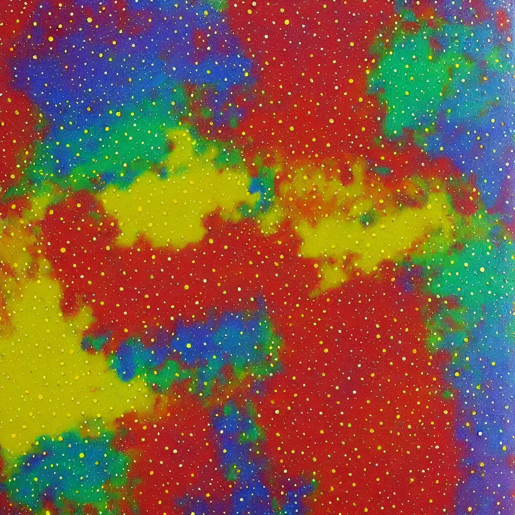 Prompt: large different coloured dots painted in 2 inch thick!!! impasto shiny dripping oil paint