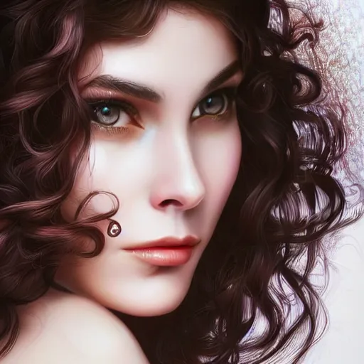 Prompt: beautiful brunette young woman's face, intricate, synth-wave, retrowave, highly-detailed, elegant, dramatic lighting, gorgeous face, lifelike, photorealistic face, long luxurious intricate gown, digital painting, artstation, illustration, concept art, smooth, sharp focus, art by Craig Russel, Barry Smith, artgerm, and Albert Aublet and Krenz Cushart and Artem Demura and Alphonse Mucha