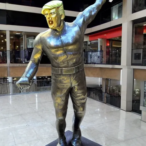 Prompt: heroic steel statue of Donald Trump saving the worl, in a mall