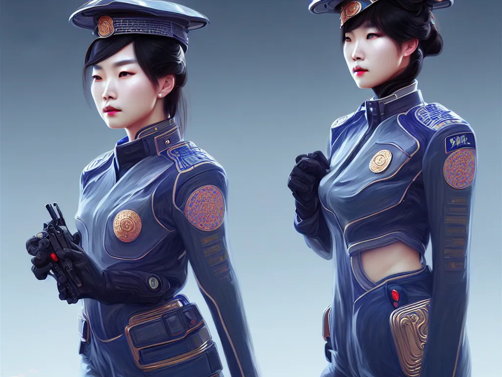 Image similar to portrait futuristic china police uniform female, at future neon light rooftop, ssci - fi and fantasy, intricate and very very beautiful and elegant, highly detailed, digital painting, artstation, concept art, smooth and sharp focus, illustration, art by tan zi and ayanamikodon and alphonse mucha and wlop