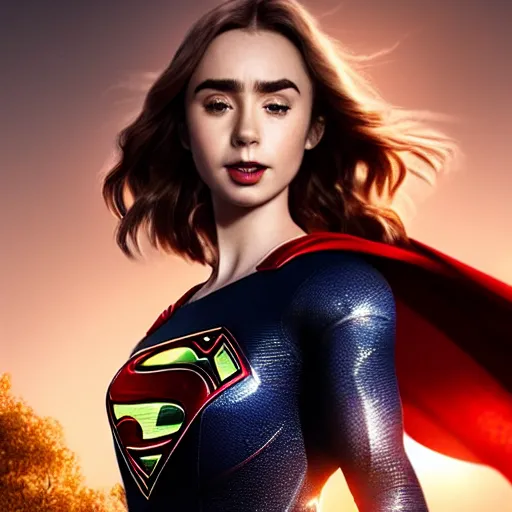 Image similar to a potrait of Lily Collins as Supergirl with man of steel suit style by Greg Rutkowski, Sung Choi, Mitchell Mohrhauser, Maciej Kuciara, Johnson Ting, Maxim Verehin, Peter Konig, 8k photorealistic, cinematic lighting, HD, high details, dramatic, trending on artstation, full body shot