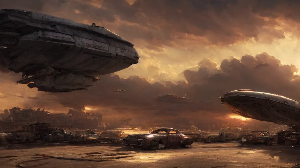 Prompt: a Photorealistic hyperrealistic render of a gigantic spaceship landing at a Junkyard by Greg Rutkowski,Vitaly Bugarov,Stephan Martiniere,Nicolas Bouvier SPARTH,James Paick, Juan Gimenez,PIXAR,dramatic moody sunset lighting,long shadows,Volumetric, cinematic atmosphere, Octane Render,Artstation,8k