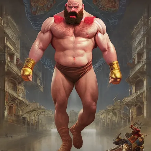 Image similar to robin williams as zangief from street fighter, flexing, ultra realistic, concept art, intricate details, eerie, highly detailed, photorealistic, octane render, 8 k, unreal engine. art by artgerm and greg rutkowski and magali villeneuve and alphonse mucha