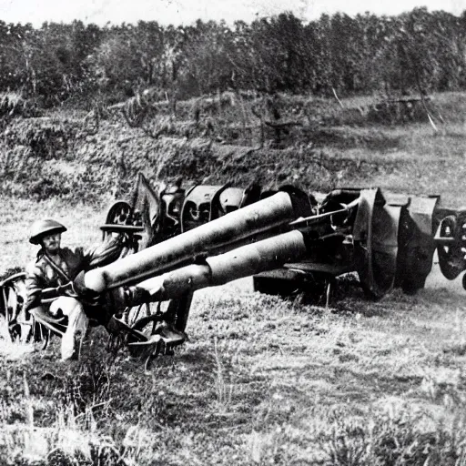 Prompt: a picture of a enormous bear pulling a towed artillery gun behind him, eastern front, historical picture