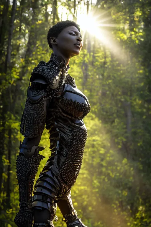 Prompt: hyperrealistic long shot mithra gorgeous black woman intricate exoskeleton bone armor in a forest sun behind her god rays highly detailed concept art eric zener elson peter cinematic low angle hd 8k sharp rack focus