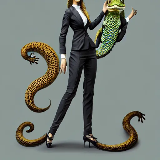 Image similar to fullbody!! personification of a gecko as a business woman, stunning, beautiful face, hyperrealistic, trending on artstation, smooth and sharp, intricate, fine details, highly detailed, elegant, dynamic pose, radiant light, detailed and intricate environment, professional character concept art by tatyana kupriyanova and greg rutkowski and raymond swanland