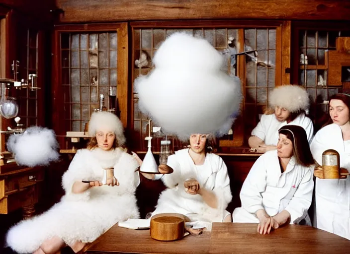 Image similar to realistic photo of a group of medieval female scientists wearing white shorts, beautiful faces covered with white plates, watching at a levitating fluffy furry cloud, in a living room laboratory with many wooden gadgets made of wood interior is made of wood 1 9 9 0, life magazine reportage photo, natural colors