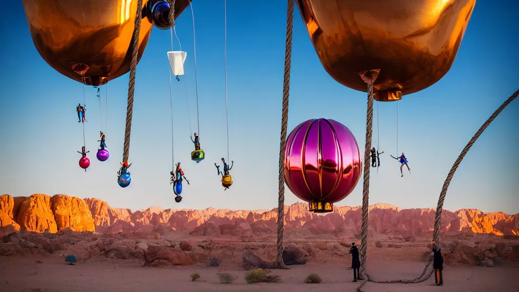 Prompt: large colorful futuristic space age metallic steampunk balloons with pipework and electrical wiring around the outside, and people on rope swings underneath, flying high over the beautiful ancient desert city landscape, professional photography, 8 0 mm telephoto lens, realistic, detailed, photorealistic, photojournalism