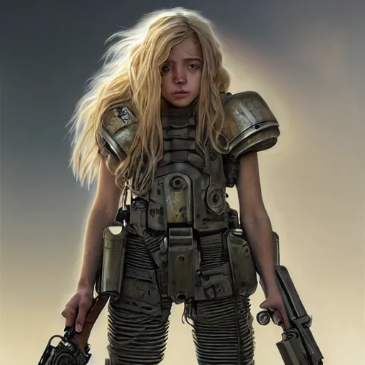 Prompt: portrait painting of a post - apocalyptic blonde teenager with matted long hair wearing light scrap armor with an old gun on his back, ultra realistic, concept art, intricate details, eerie, highly detailed, photorealistic, octane render, 8 k, unreal engine. art by artgerm and greg rutkowski and charlie bowater and magali villeneuve and alphonse mucha