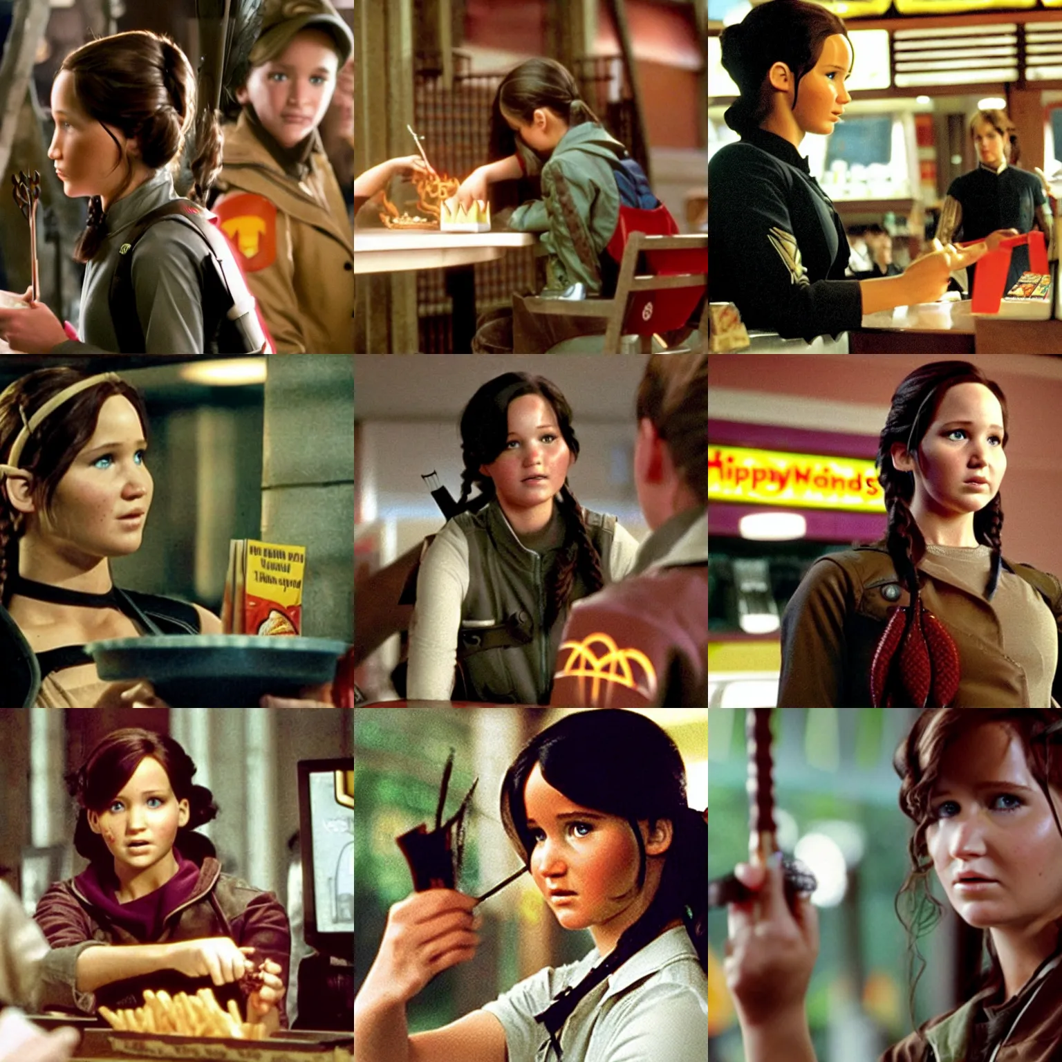 Prompt: Katniss Everdeen ordering a Happy Meal at McDonald's, film still from 'The Hunger Games'