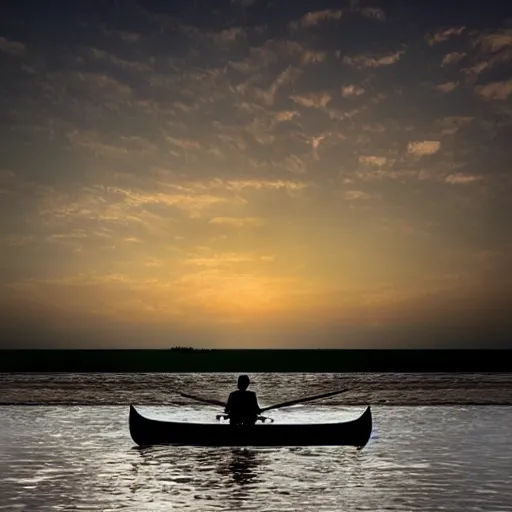 Prompt: wide angle, far view, light coming of a silhouette of a man that is rowing a little boat while its raining, digital art, but as a realistic photo