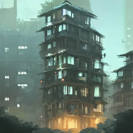 Prompt: Concept art of a HDB town from the 1990s in the evening, art by Greg Rutkowski, detailed, digital art