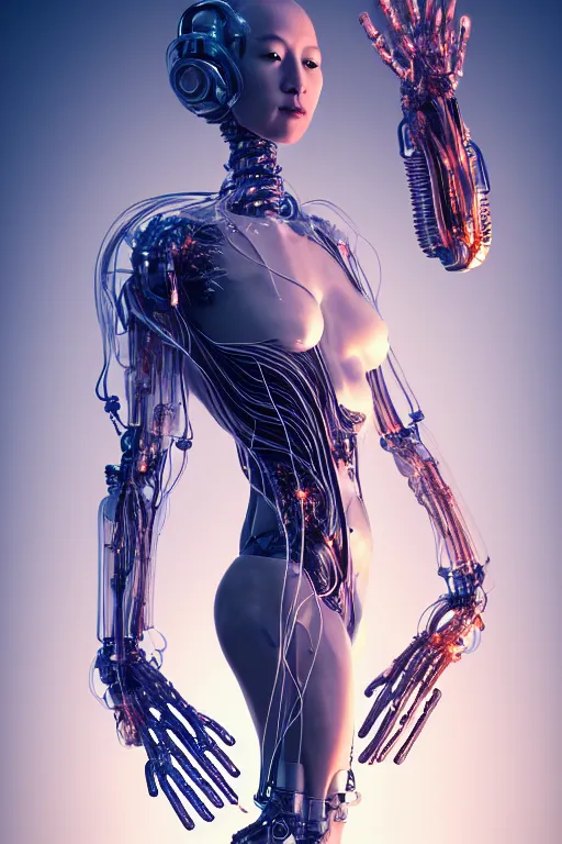 Image similar to beautiful young asian woman, iris van herpen, perfect symmetrical body, full body shot, inflateble shapes, wires, tubes, veins, jellyfish, white biomechanical details, wearing epic bionic cyborg implants, masterpiece, intricate, biopunk, vogue, highly detailed, artstation, concept art, cyberpunk, octane render