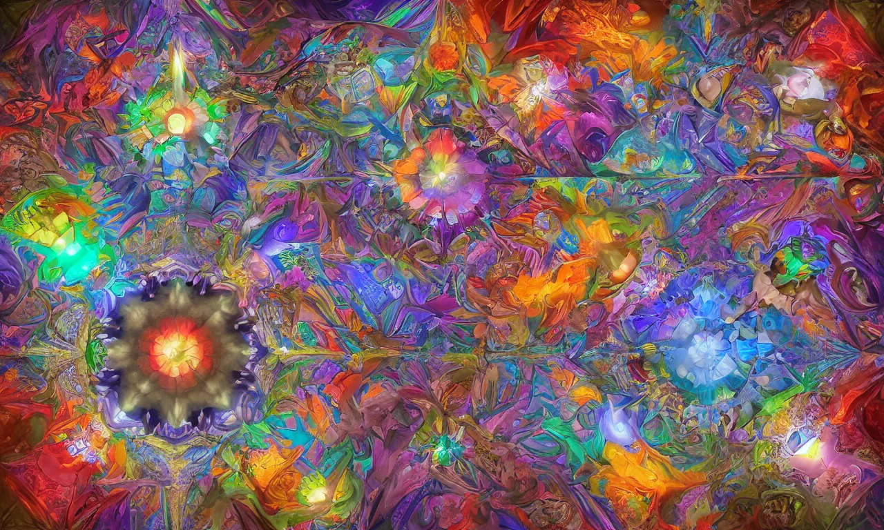 Image similar to voronoi engine laboratory 3 d volume kaleidoscope mandala fractal chakra digital multicolor stylized concept substance by artgerm, rossdraws, norman rockwell, magali villeneuve, gil elvgren, alberto vargas, earl moran, enoch bolles radiating a glowing aura global illumination ray tracing hdr