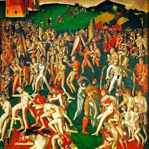 Image similar to 15th century florentine rave party painted by paolo uccello, oil painting on canvas