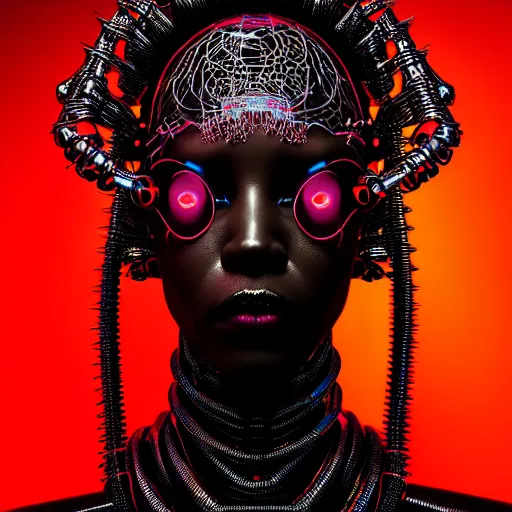 Image similar to portrait of an absurdly beautiful, graceful, sophisticated, fashionable black cyberpunk mechanoid gravure idol, hyperdetailed illustration by irakli nadar, adut akech, matt wisniewski style, intricate linework, dark black skin, jellyfish headdress, day - glow facepaint, unreal engine 5 highly rendered, global illumination, red light, detailed and intricate environment