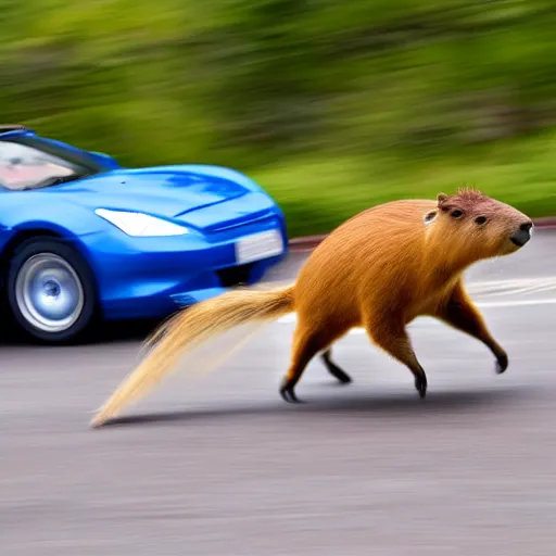 Image similar to A highly detailed photograph of a capybara driving a blue convertible sports car at high speeds